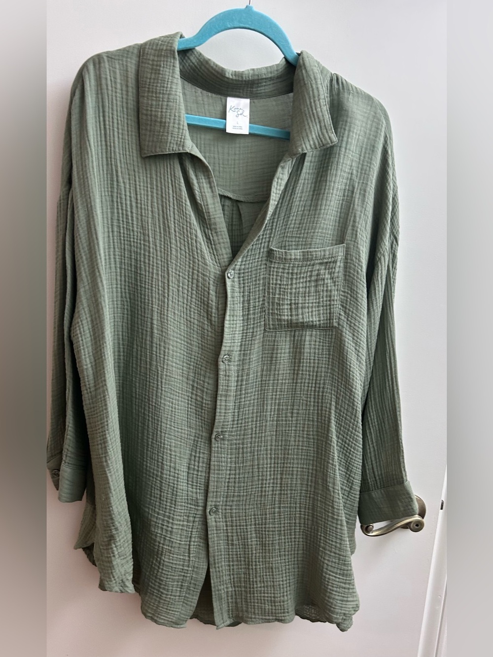 Kona Sol Shirt Womens Large Green Gauze Cotton Button Front Swim Cover Up SN20
